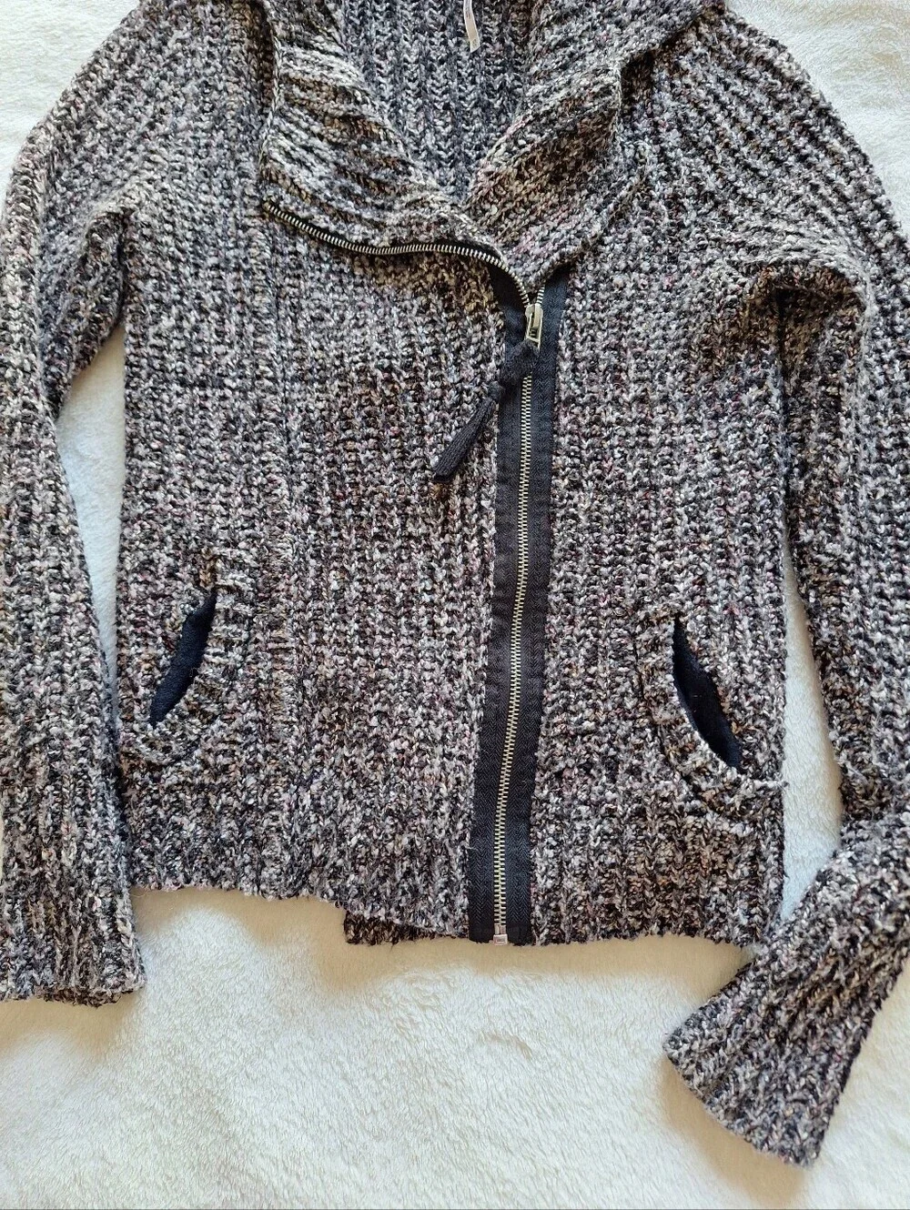 Free People Marbled Chunky Knit Moto Asymmetrical Zip Sweater Jacket Size XS